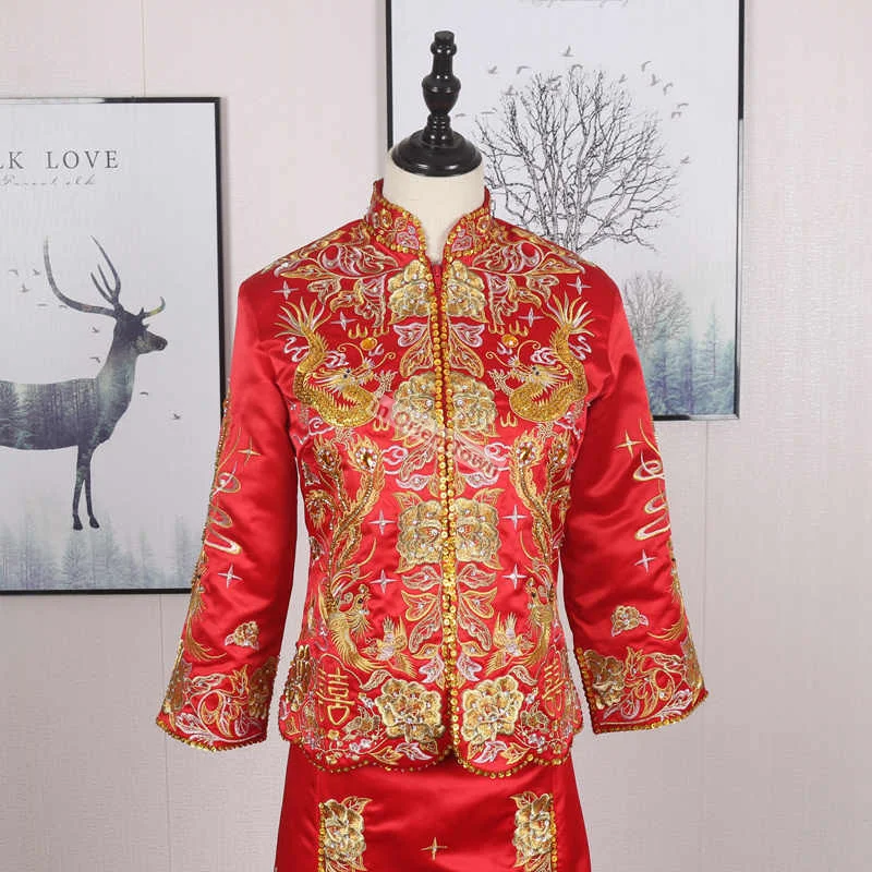 Dragon Phoenix Kleid Braut Chinesisches Trendkostüm Cheongsam Abendoberteil + Rock Showkleidung Schlanke Robe für Hochzeitsfrauen