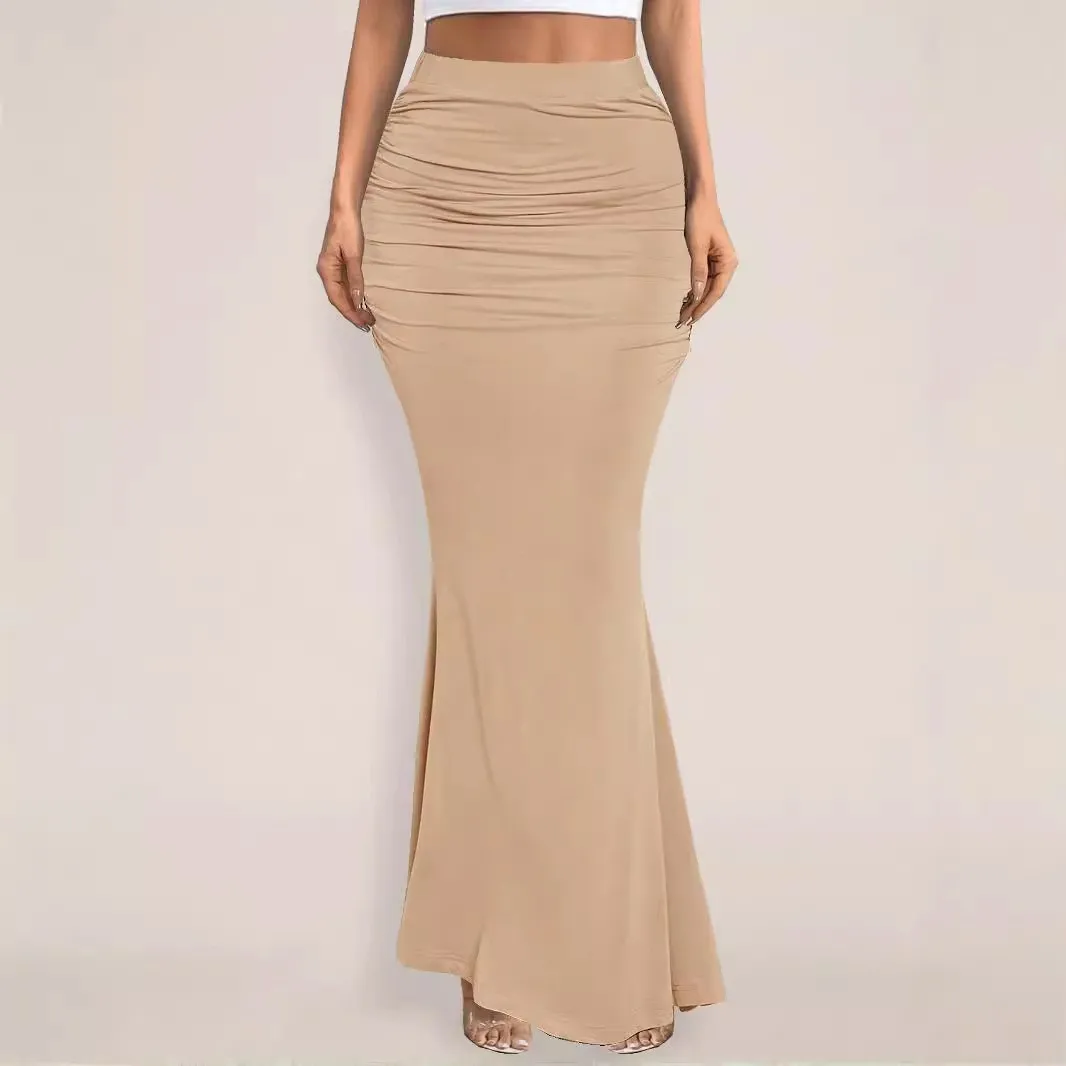 Summer Women Long Skirt Maxi Beige Ruched Waist Skirts High Waist Black Stretch Fabric Pencil Skirt Gray Flared Hem Slit Hem