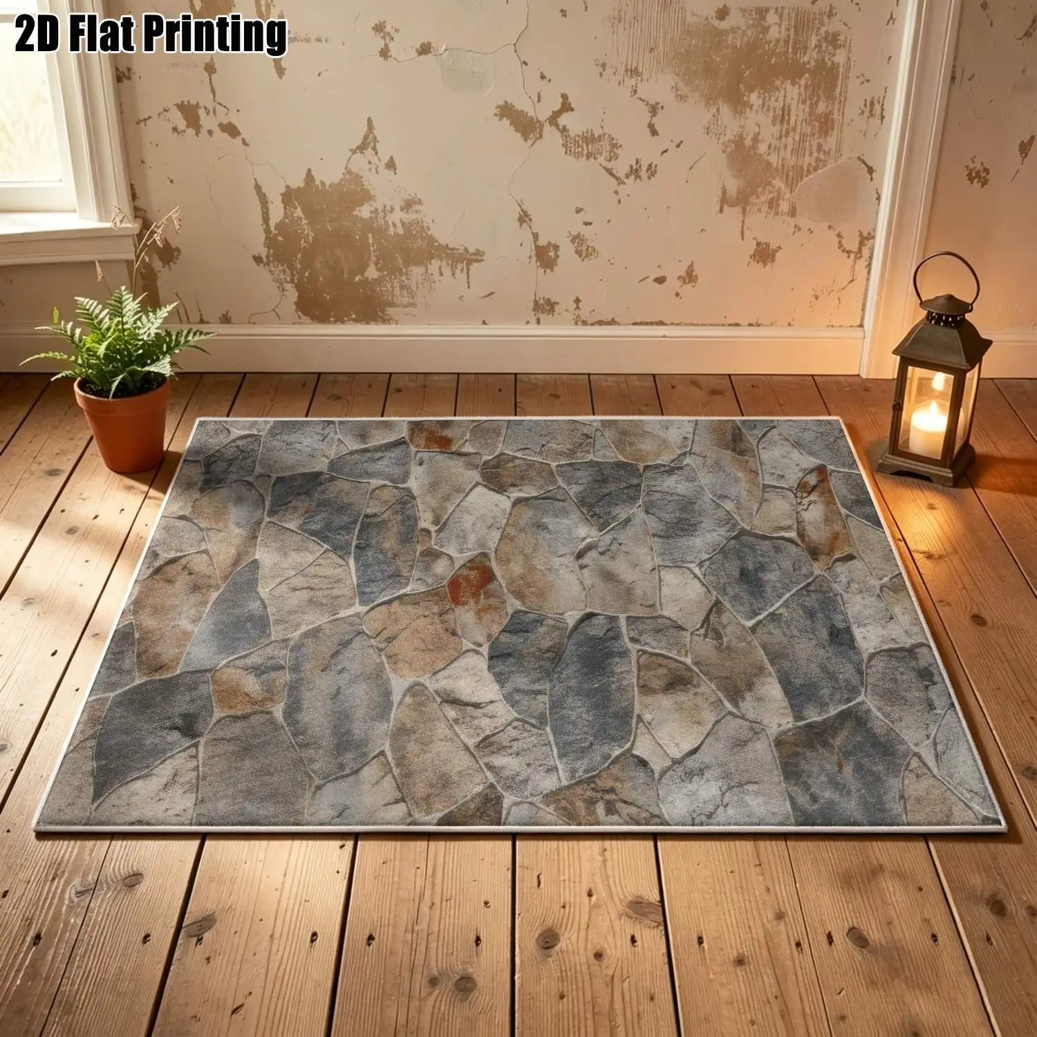 1Pc 2D Printed Velvet Carpet, Gray-Brown Irregular Stone Pattern Nordic/Modern Minimalist/European/Vintage Geometric Style, Home Decor, Multi-Size, Machine Washable, for Entryway, Dining Room, Foyer, Living Room, Bedroom