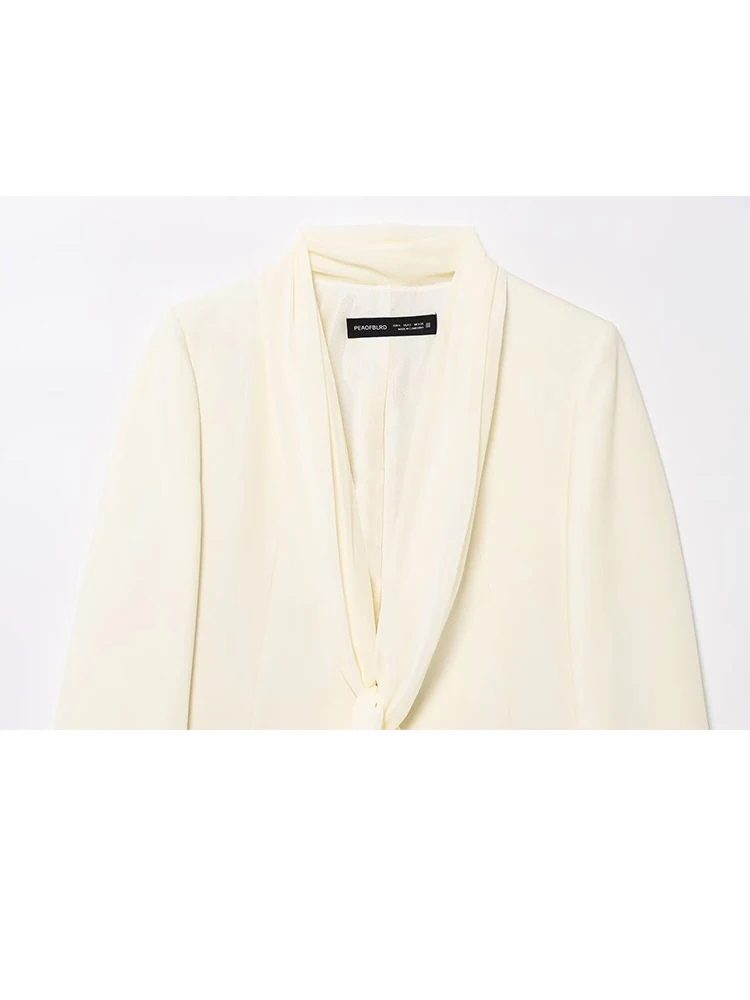 HH Primavera Donna Abito solido Sciarpa sottile Colletto rovesciato Blazer Top a maniche lunghe + Cerniera Pantaloni a gamba dritta in vita midi Set
