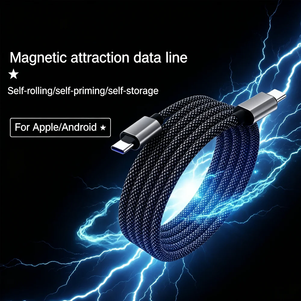 65W Type C to Type C Magnetic Suction Anti Winding Fast Charging Cable 1M USB Phone Data Charge Cable for iPhone Samsung Huawei