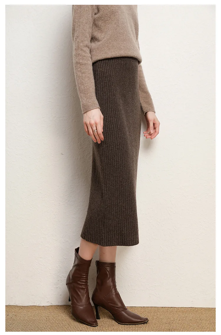 Autumn Winter Cashmere Skirt Women's Mid-length Thick Bag Hip High Waist Long Skirt Knitted Wool New Temperament Simple Elegant