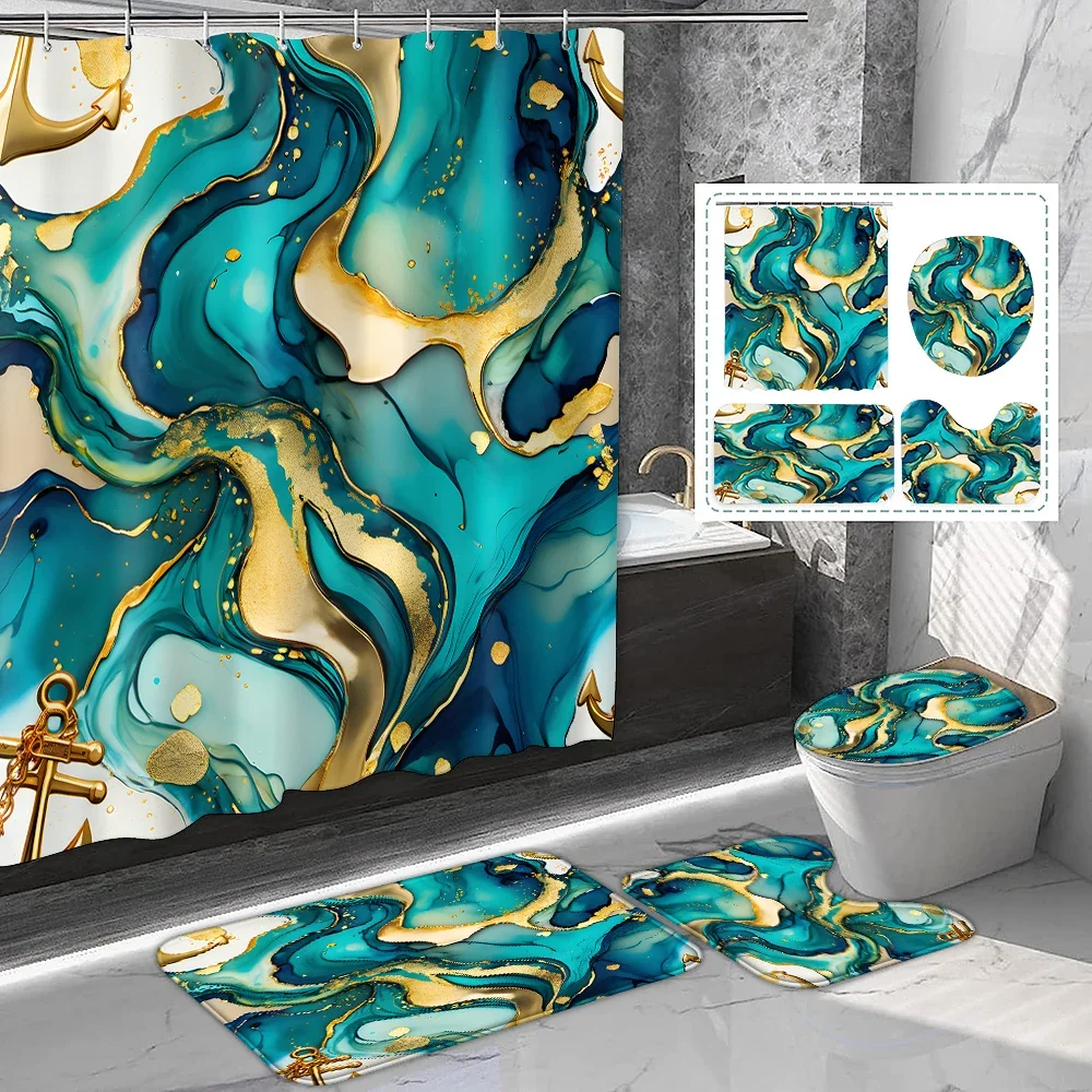 

1 set of Green gilded marble Printed Shower Curtain Set with Hooks Toilet Bathroom Mat Bathroom Supplies