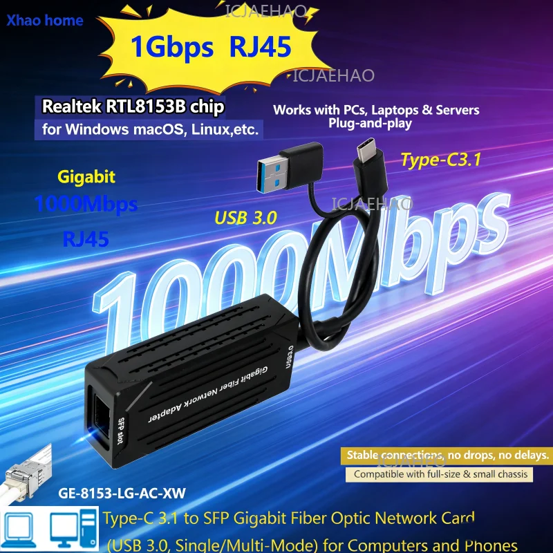 

Ethernet-адаптер 1000 Мбит/с USB SFP, сетевая карта для ПК/ноутбука с Windows 11, USB-C, чип RTL8153, конвертер, интернет-кабель LAN