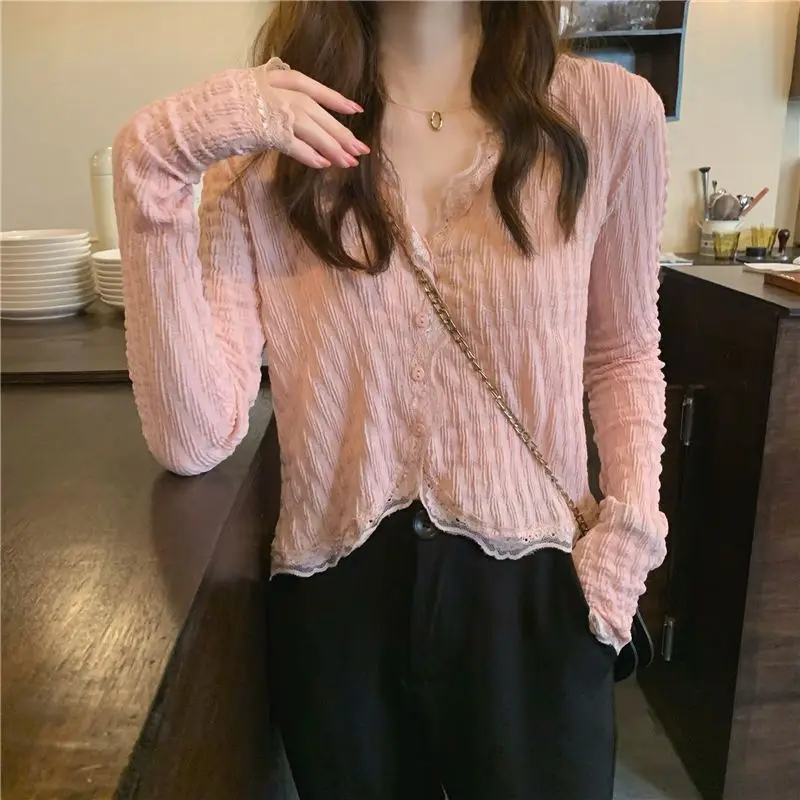 Women\'s cardigan knitted shirt Button long sleeves V-neck Simple and elegant style High quality trendy knitwear tops Gentle Pink