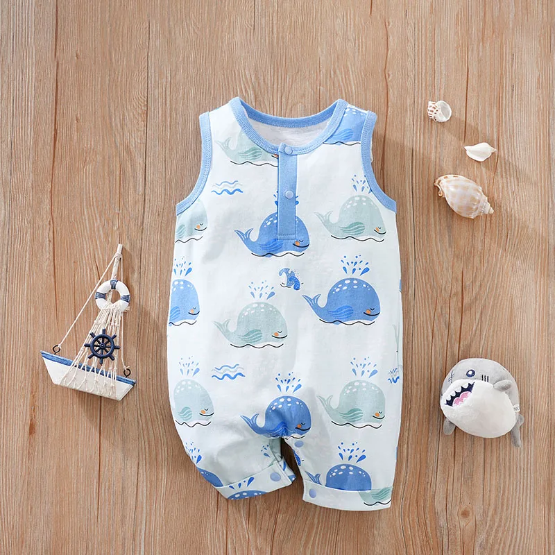 

Baby Unisex Boy And Girl Newborn Jumpsuit For Children's Clothing Baby Summer Sleeveless Cute Cartoon Whale Full Print Jumpsuit
