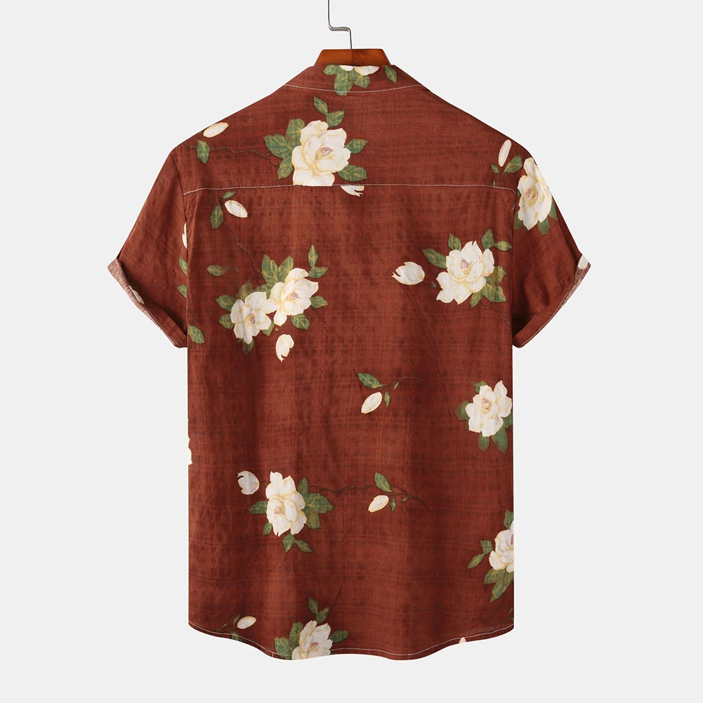 Chemise de plage vintage à imprimé fleuri pour hommes, chemise à manches courtes, haut décontracté, bouton, col rabattu, 03