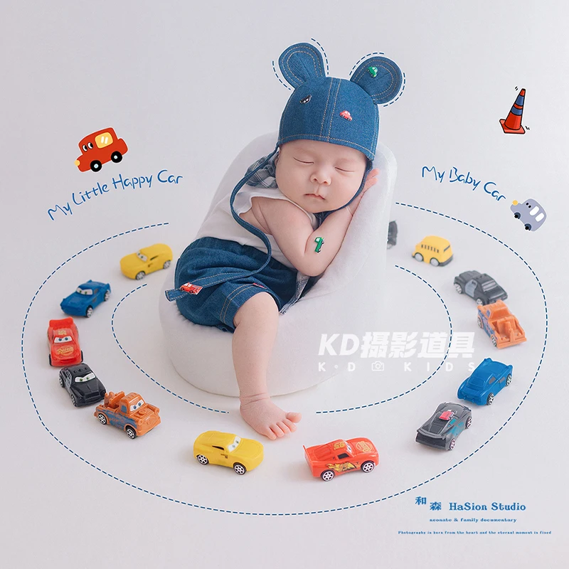 Cute Driver Photography Props Baby Denim Shorts+ White Sleeveless T-shirt+ Hat, 15 Mini Car Props, Infant Full-Moon Photo Outfit