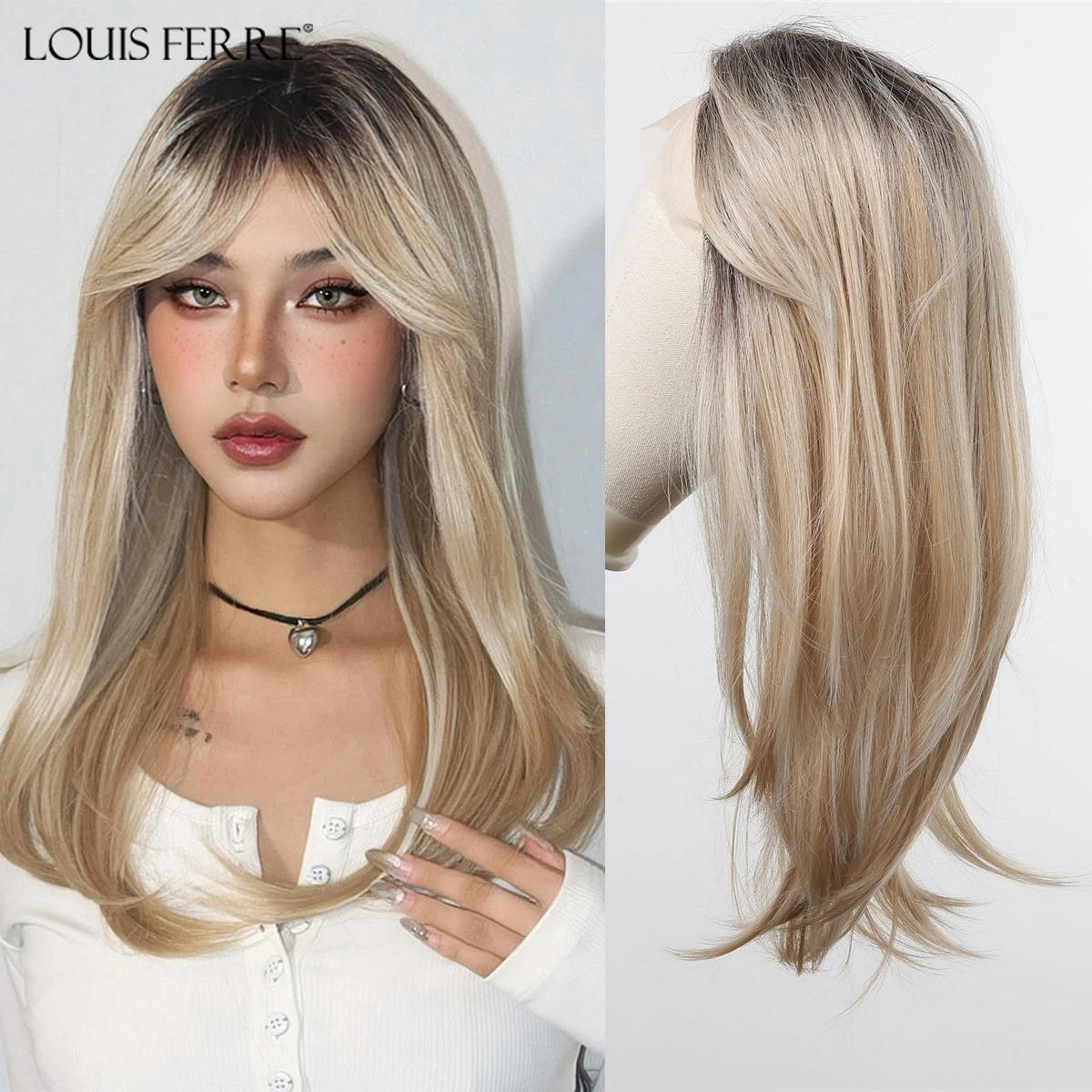 

LOUIS FERRE Ombre Blonde Wigs With Bangs Black Brown Roots T Part Lace Frontal Wigs Long Straight Blonde Natural Hair for Women