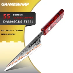 Grandsharp Premium 5.9 Inch Garasuki Knife 55 Layers Copper Damascus Steel Chef Utility Knife Red Resin+Carbon Fiber Handle