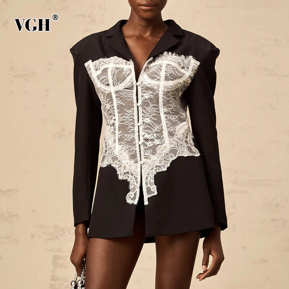 

VGH Solid Slimming Spliced Lace Designer Jackets For Women V Neck Long Sleeve Temperament Party Jacket Female Fashion Style New