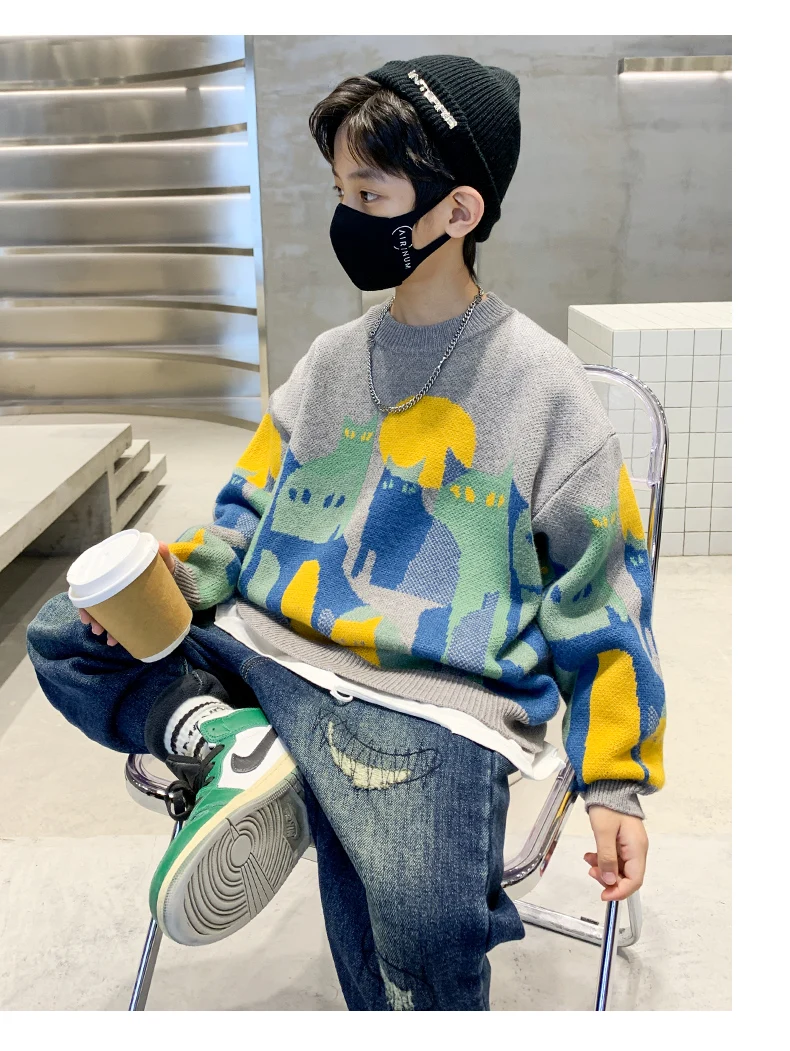 Herbst-Winter Jungen Pullover Sweater für Teenager 5-14 Jahre Cartoon-Katzenmuster Strickwaren Kleidung Kinder Schule Langarm Weicher Pullover – Detail 7