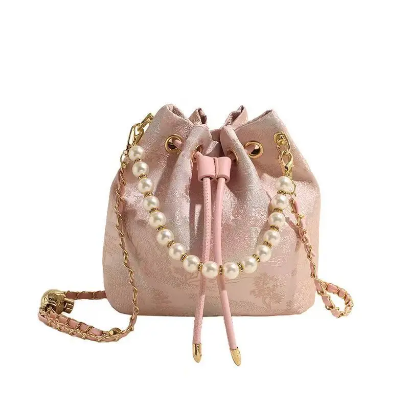 

Hand Carry Pearl Bucket Bag Women's Summer New Chinese Embroidered Shoulder Bag Niche Simple High-end Pretty Messenger Handbags