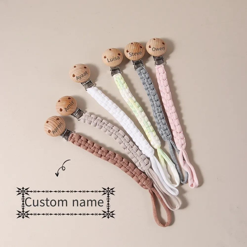 Custom Name Handbraided Hemp Pacifier Clip, Solid Color Fabric Baby Dummy Holder Chain, Silicone Teether Chain.