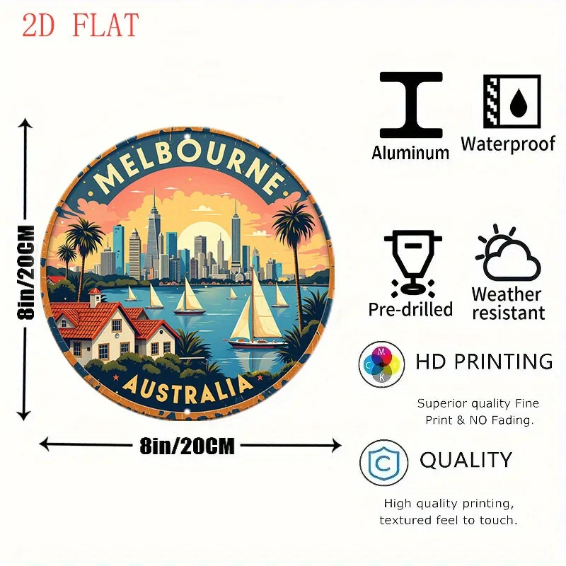 1pc Melbourne Australia-Themed Round Wall Decor - Vintage Travel Poster - with Melbourne Skyline, Yarra River, Docklands - Indoo