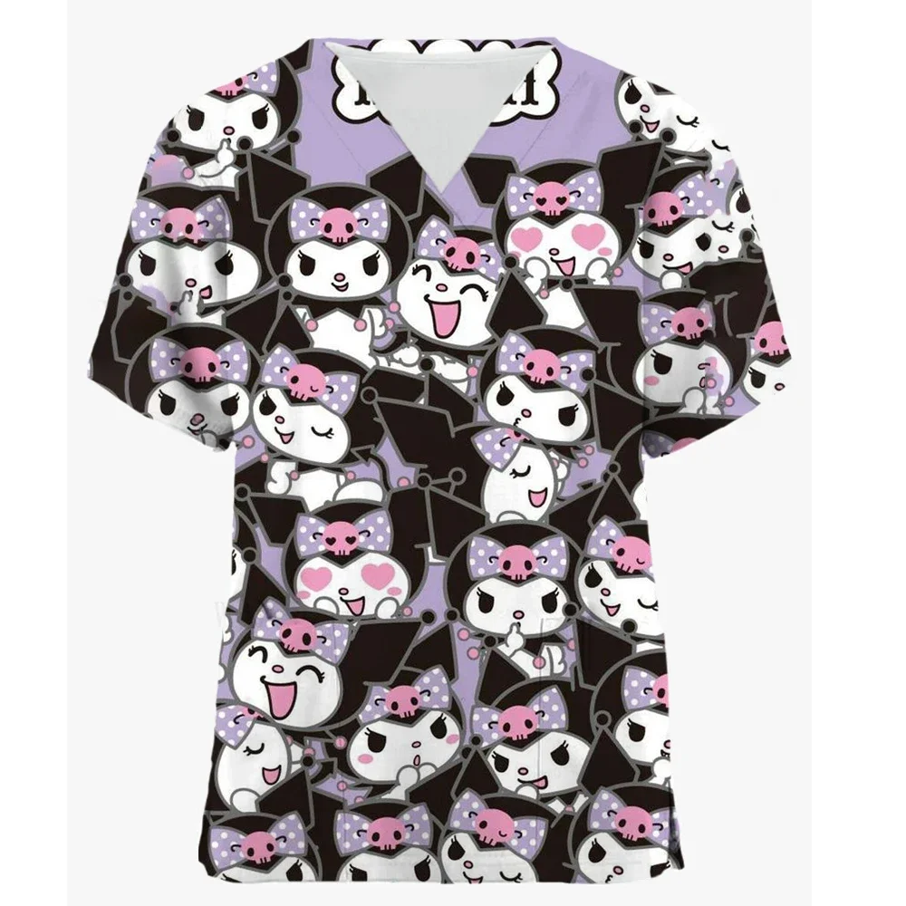 Disney Women Pocket T Shirt Nurse Uniform Short Sleeved Top Clinic Work Clothes 3D Printing V Neck Tee For Her Woman clothes