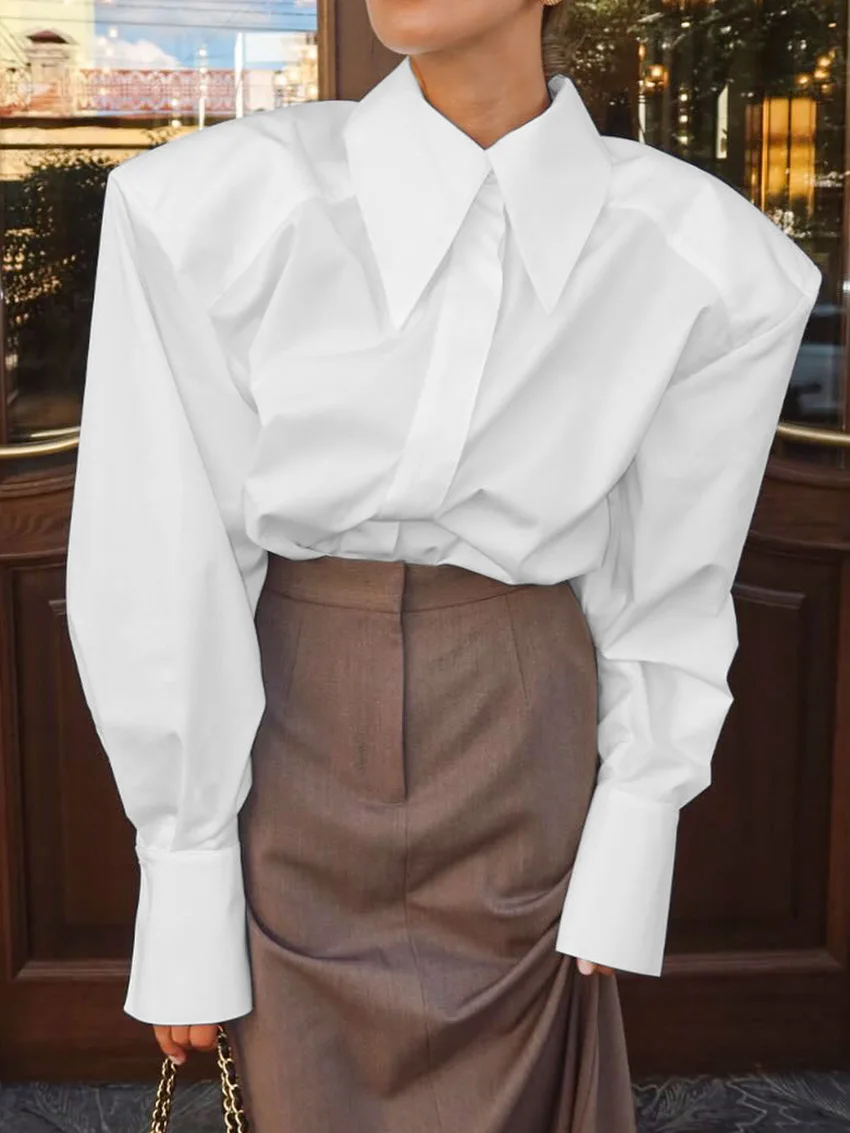 

Spring Autumn Elegant White Puff Sleeve Shirt Office Lady Single-Breasted Woman Blouse Street Chic Turn Down Collar Tops