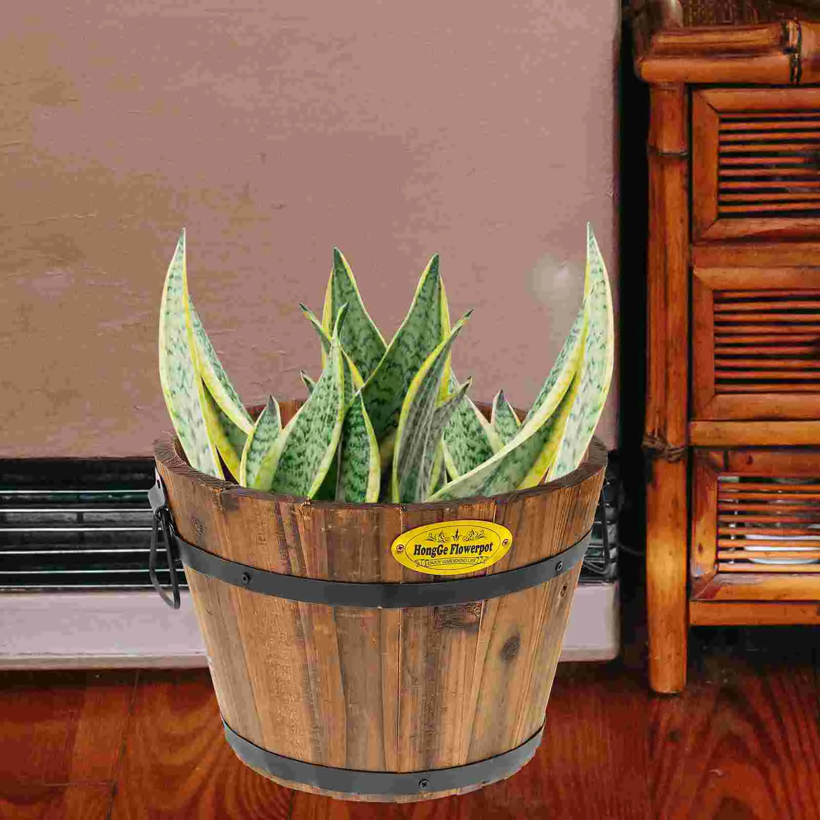 

Whiskey Barrel Planter Wooden Flower Bucket Pot Planting Pots Coffee Green Plants Flowerpots for