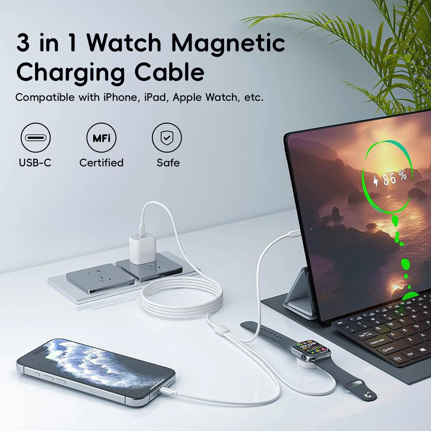 3 in1 Charging Cable for Mobile Phones with Lightning Input USB-C/A Wireless Charger for iPhone12~16 Series for1-10 SE1-2 Ultra