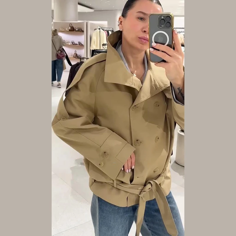 Modischer Stehkragen-Damen-Windbreaker Einfarbiger Doppelreihiger Schnür-Mantel mit Langen Ärmeln Damen-Oberbekleidung 2026 Herbst Neue Kollektion – Detail 13