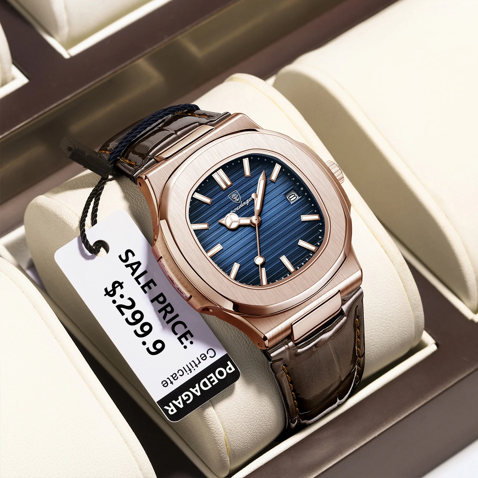 POEDAGAR Luxury Business Men's Wristwatch Date Waterproof Luminous Leather Man Watch Fashion Square Quartz Watches For Men Reloj