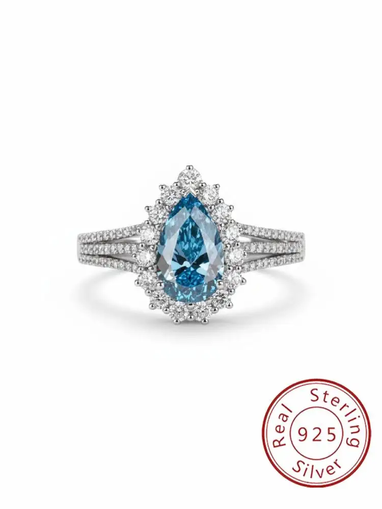 

925 Sterling Silver Vintage Fashion Blue Pear Zircon Ring For Women Daily Wear Party Anniversary Engageme Simple Fine Jewelry