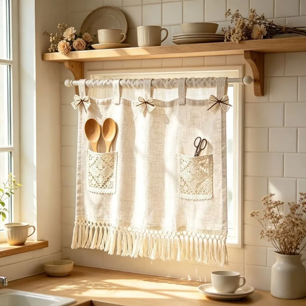 Modern Vintage Oven Cover Curtain Rustic Detachable Kitchen Stove Cover Skirt with Tassels with Pocket Cabinet Curtain Farmhouse