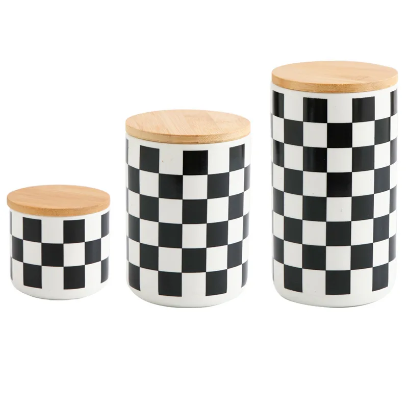 Black and White Checkered Ceramic Storage Tank, Sealed Tank, Suitable for Coffee, Nuts, Tea Boxes, Kitchen Storage Containers