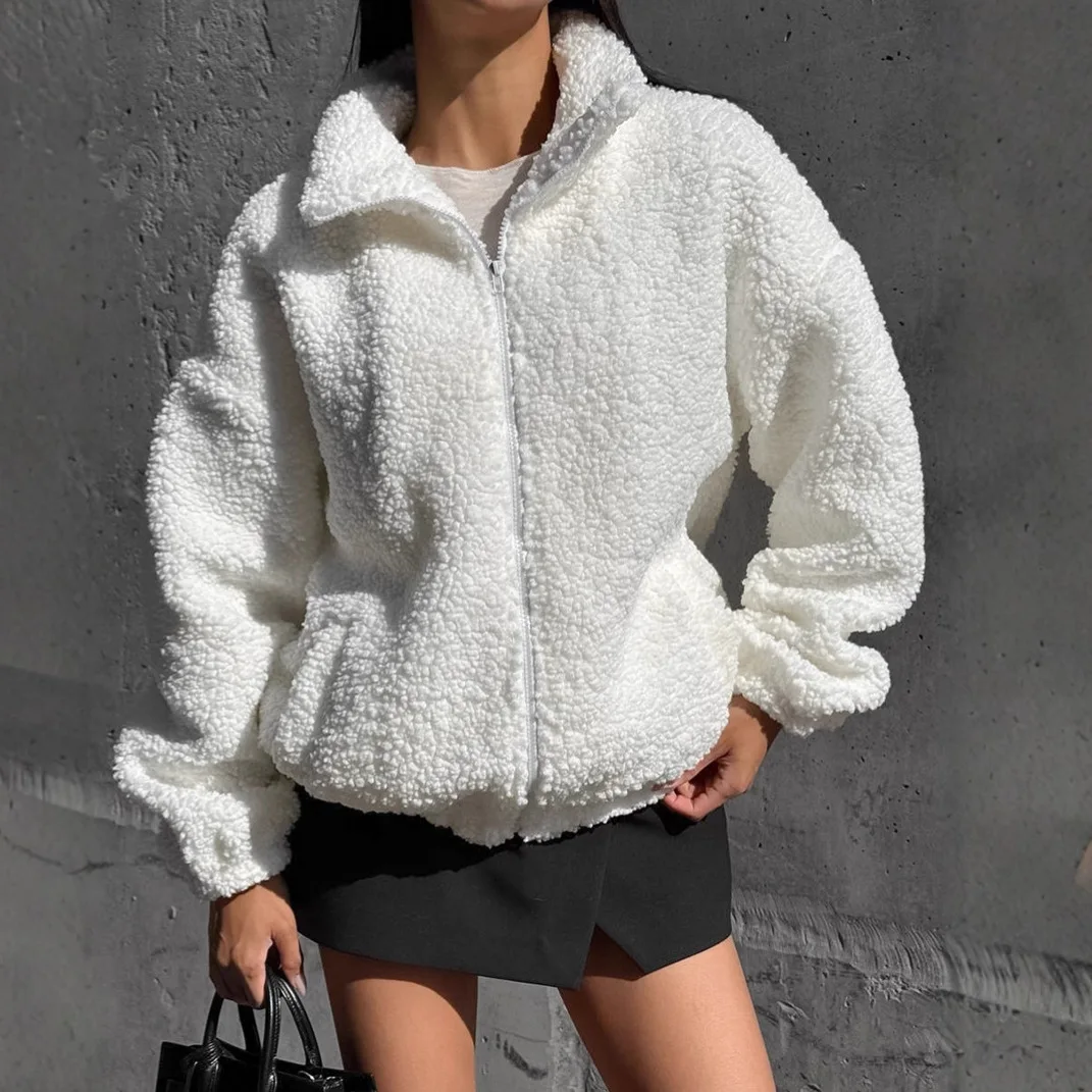 

Womens Fleece Lined Autumn Coat Solid Color Turn Down Collar Zipper Elastic Hem Jacket Slouchy Style Outwear For Lady