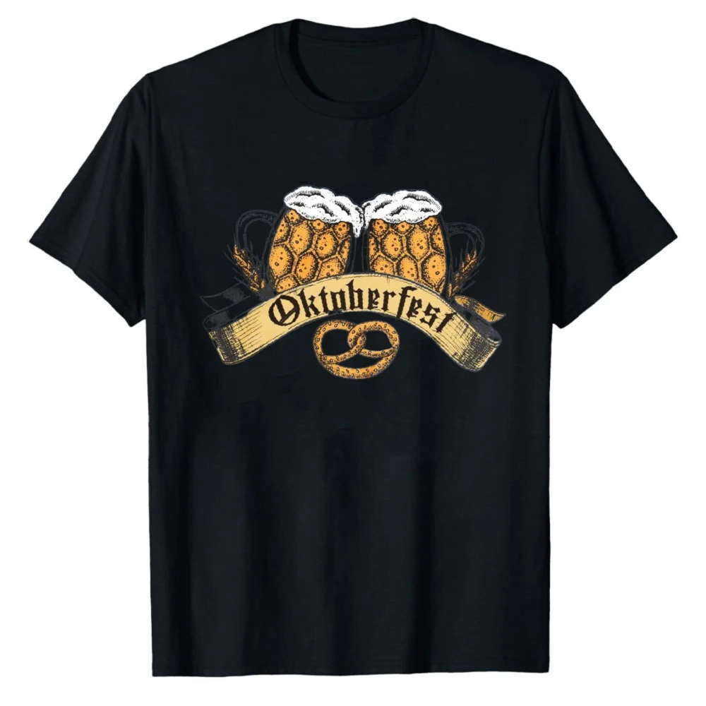 T-shirt vintage avec motif de bière et de bretzel pour l'Oktoberfest, pour hommes et femmes, imprimé rétro avec ruban et motif de blé, décontracté, à manches courtes, en coton