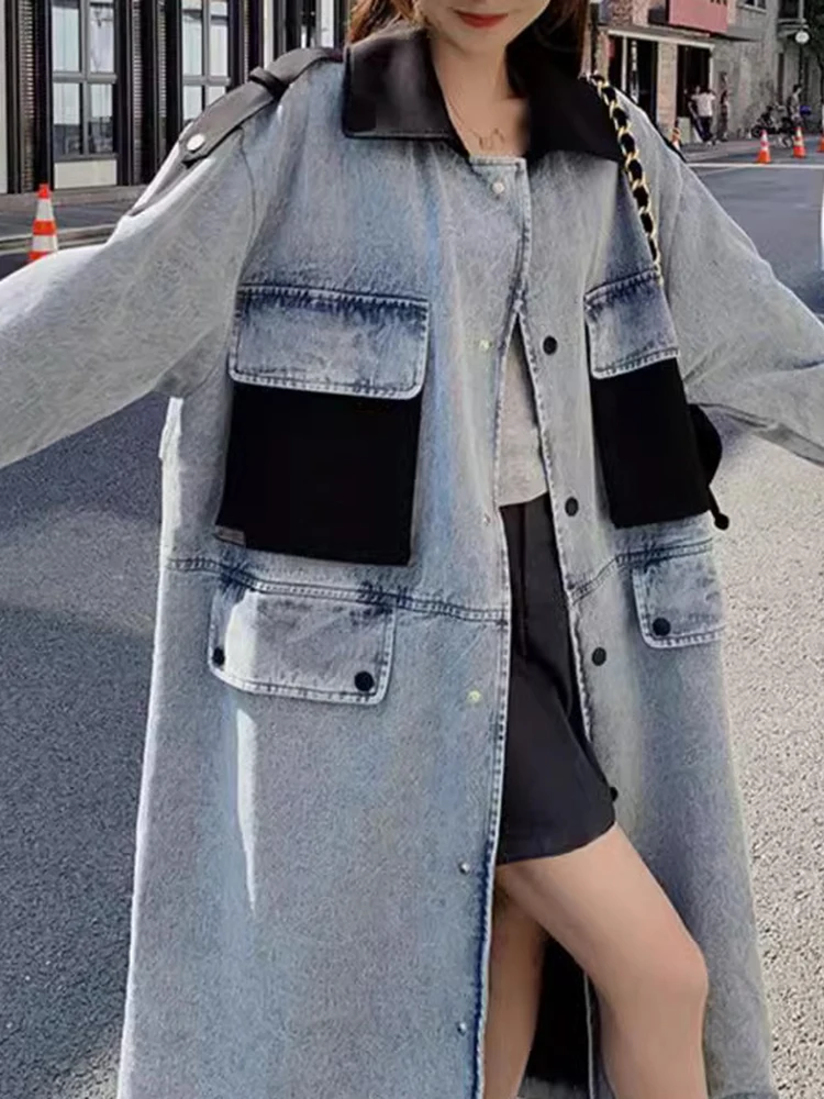 GVUW Denim Trench Coat Women Color Block Single Breasted Full Sleeve Lapel Medium Long Pockets New 2024 Fashion Tops 17G3008