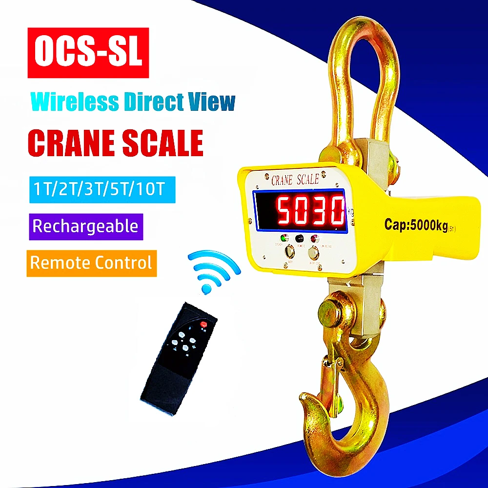 1T 2T 3T 5T 10T Digital Wireless Hanging Scale Rechargeable LED Direct View Remote Control Crane Scale Aluminum Alloy Shell