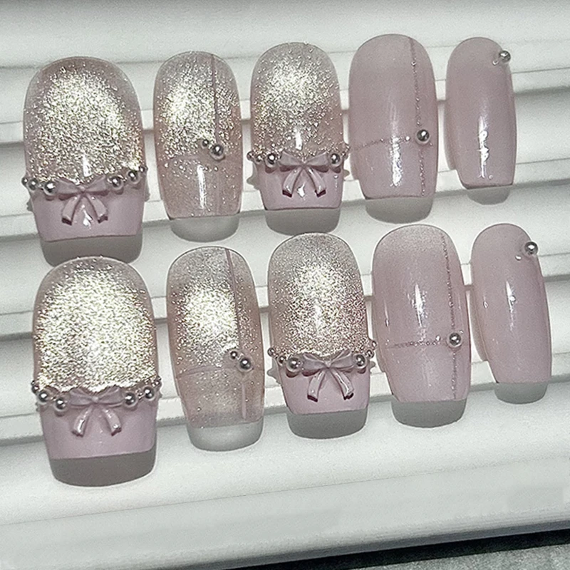 

Элегантные Милые Жемчужные Блестящие Кошачьи Глаза Французские Ногти Ручной Работы Розовые Накладные Ногти С Бантом Принцессы В Форме Сердца