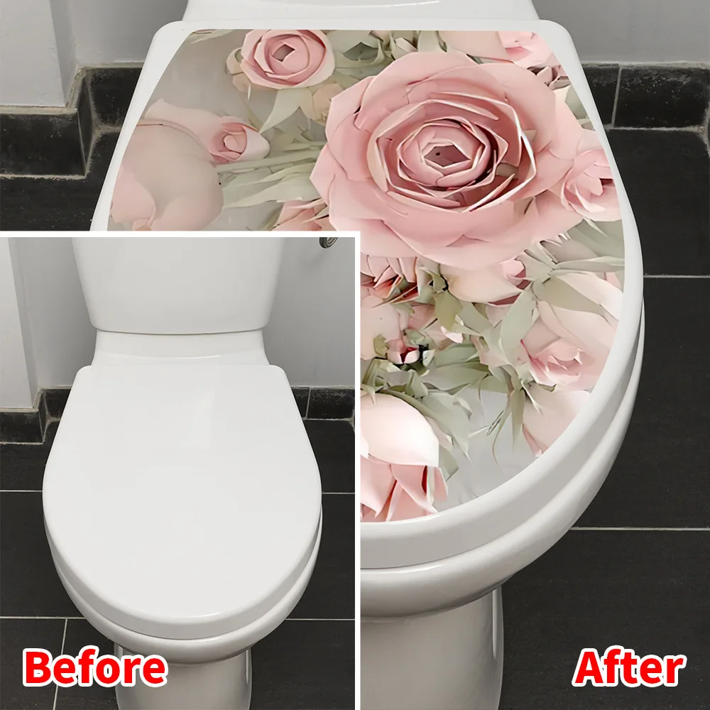 M536 Warm Personality Pink Rose Toilet Sticker Bathroom Toilet Cover Sticker Wall Stickers Wc  For Home  Decoration