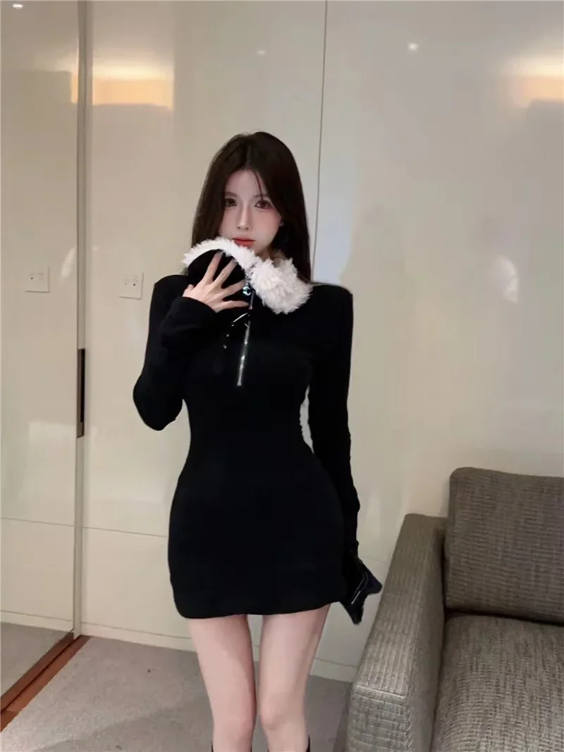 2024 Tweed Style Neck Dress Women's Autumn/Winter Sexy Mini Dress Inner Wear Plus Size Full Sleeve With Pocket Dresses