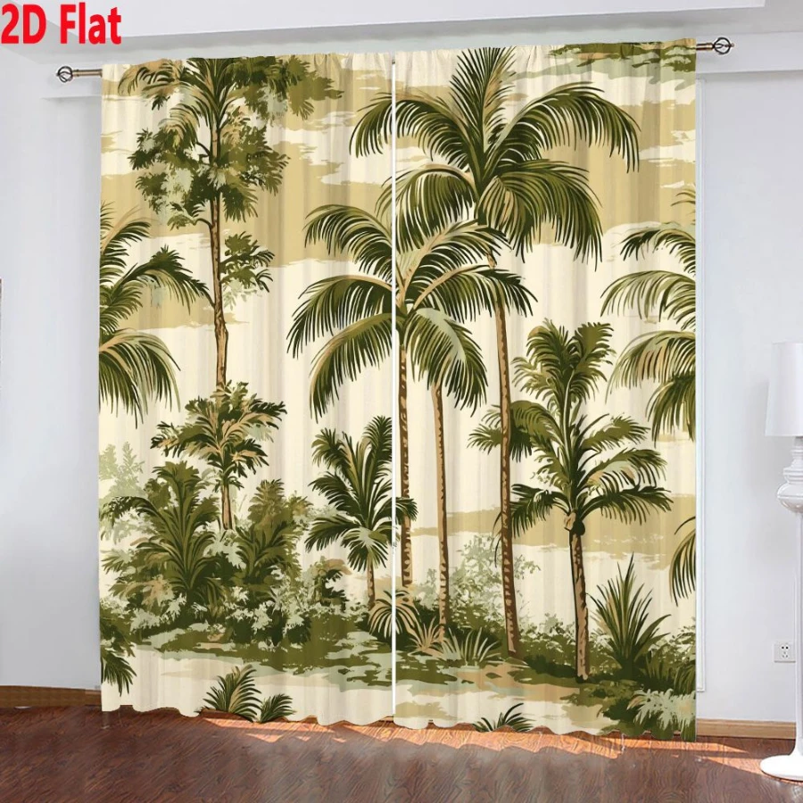 2PCS Digital Printed Curtains, Tropical Palm Tree Summer Beach Botanical, Window Drapes for Living Room Bedroom Home Decoration