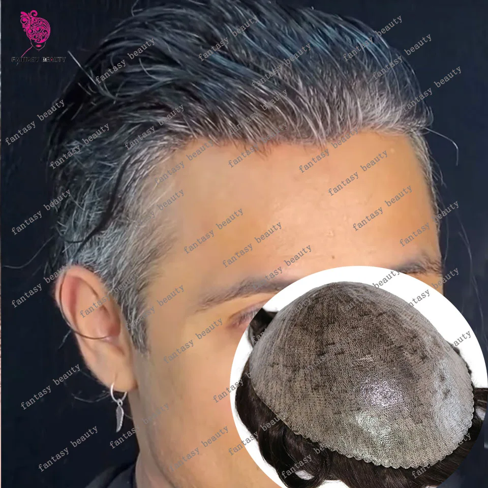 Natural Hairline Super Thin Skin Full PU Silicon Men‘s Toupee Grey Black Brown Human Hair Male Wigs Capillary Prosthesis System