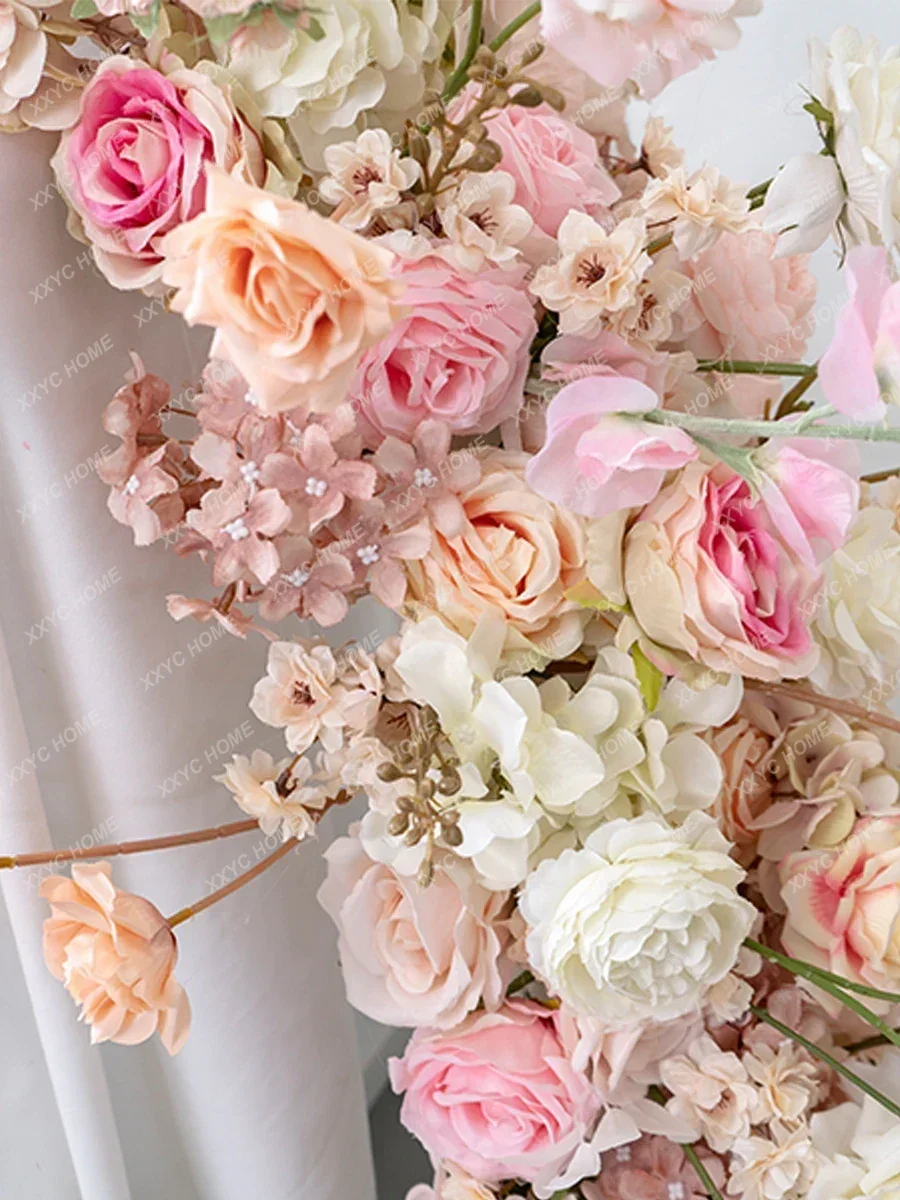 

European wedding decoration desktop arrangement, pink long table flowers, simulated flowers, fake flowers, handmade finished .