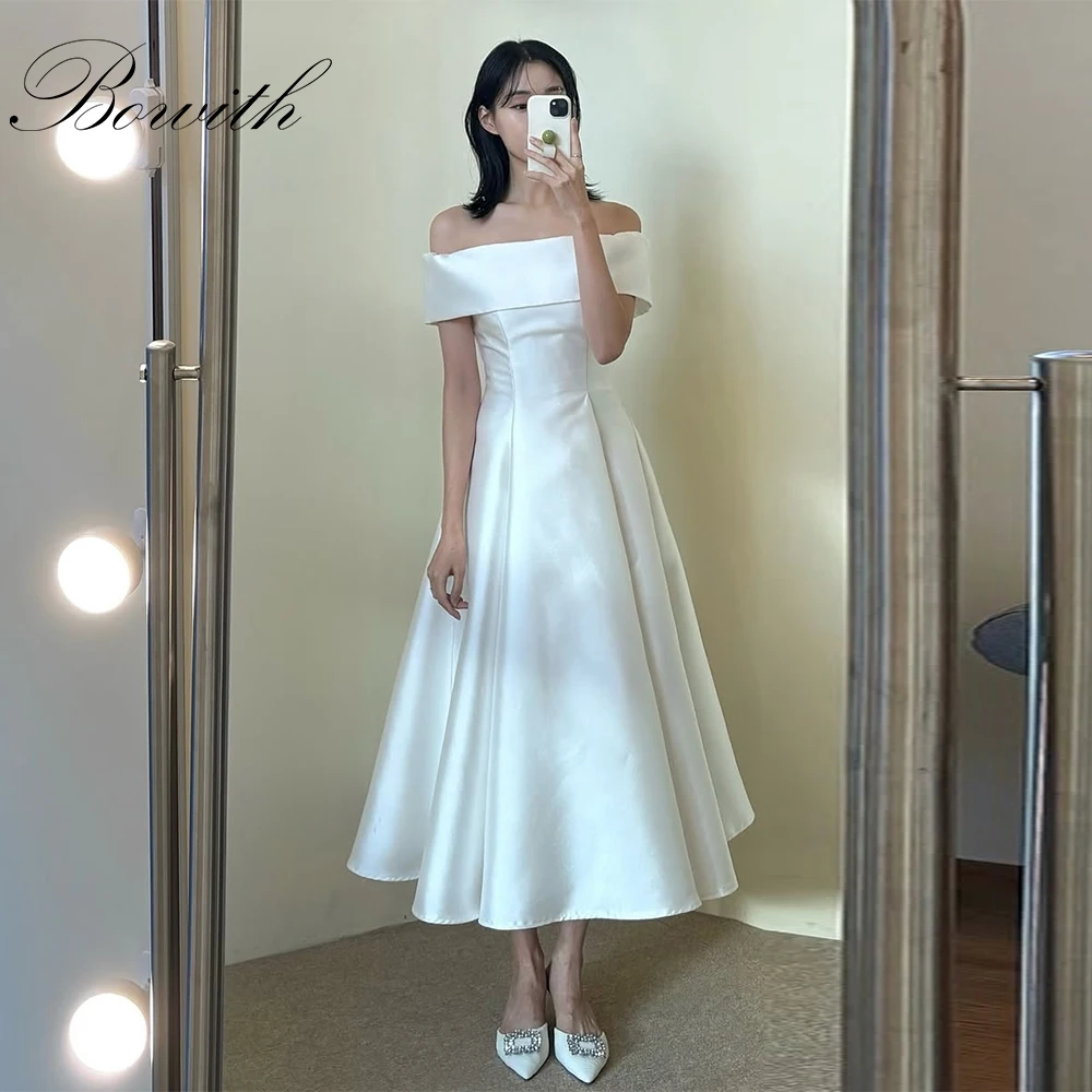 

Bowith Boat Neck Satin Wedding Reception Dresses Party Dresses Customized A-Line Draped Tea-Length Bridal Wedding Snap Dresses