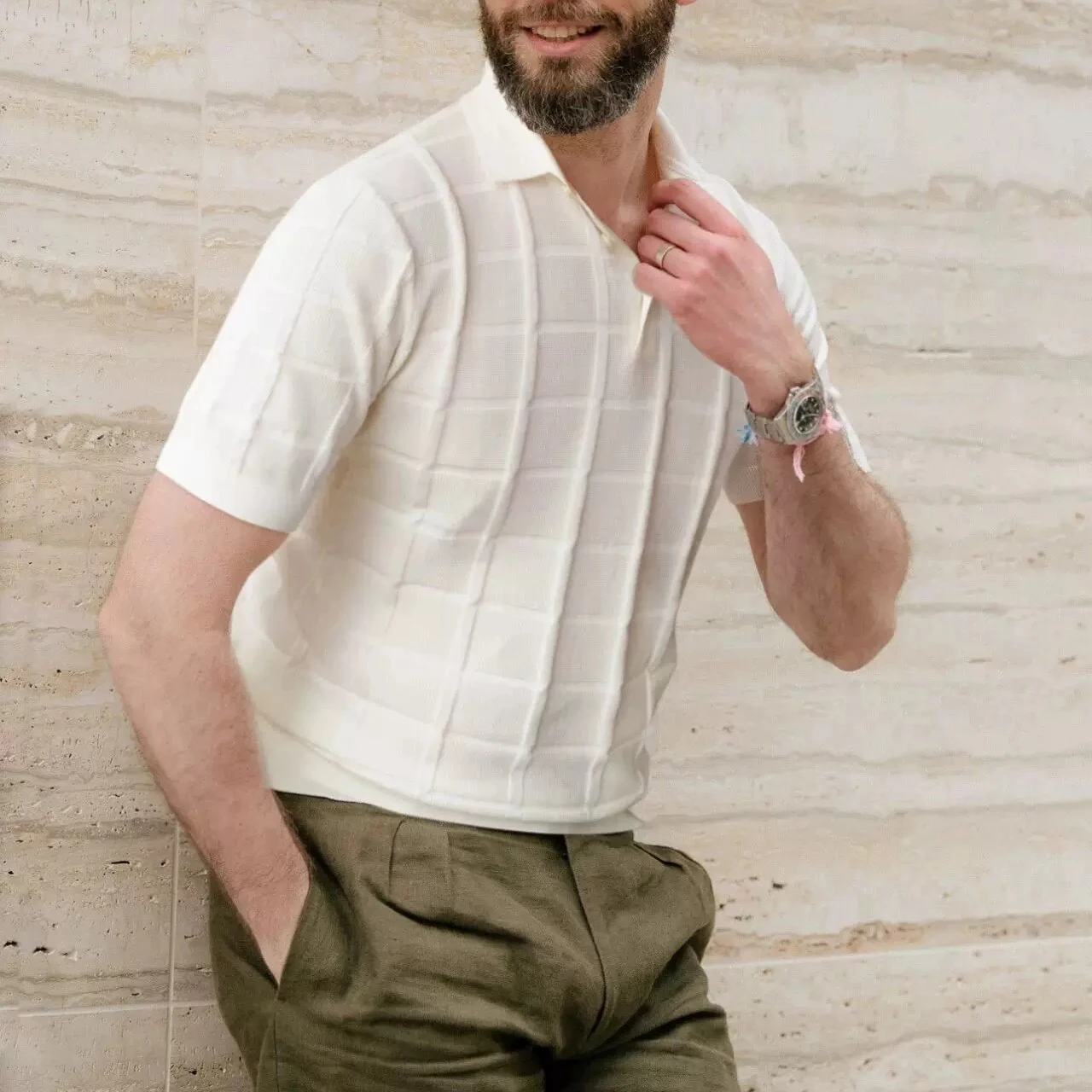 Elegant Summer Men's Knitted Short Sleeve  Shirt Premium Combed Cotton Square Grid Pattern Fashion Urban Style Breathable