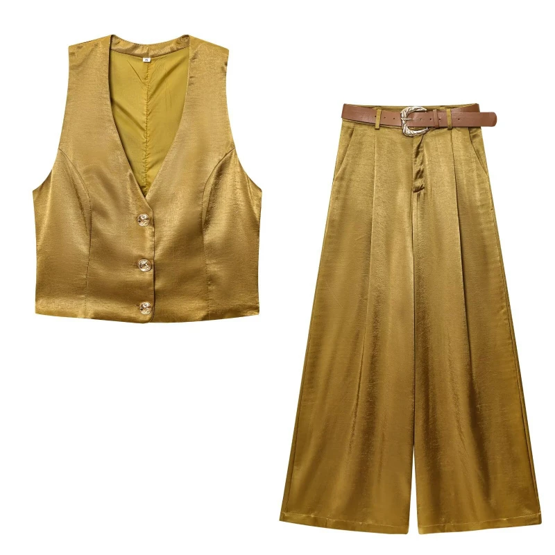 

XS-L European and American Women's Apparel Gold Button Decorative Silk Satin Texture Top and Wide-leg Pants Set