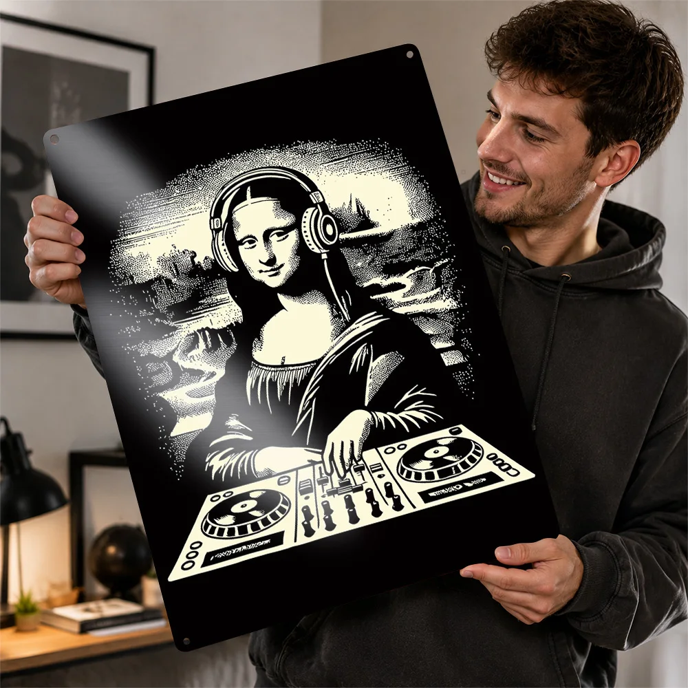 Mona Lisa At DJ Mixer Textured Metal Poster Monochrome Wall Art For Listening Room Customized Aluminum Sign Music Fan Gift Idea