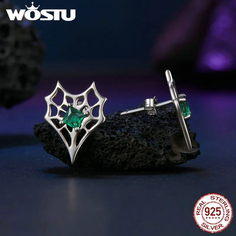 WOSTU Halloween 925 Sterling Silver Heart-shaped Spiderweb Stud Earrings Skull Butterfly Earrings for Women Vintage Jewelry Gift