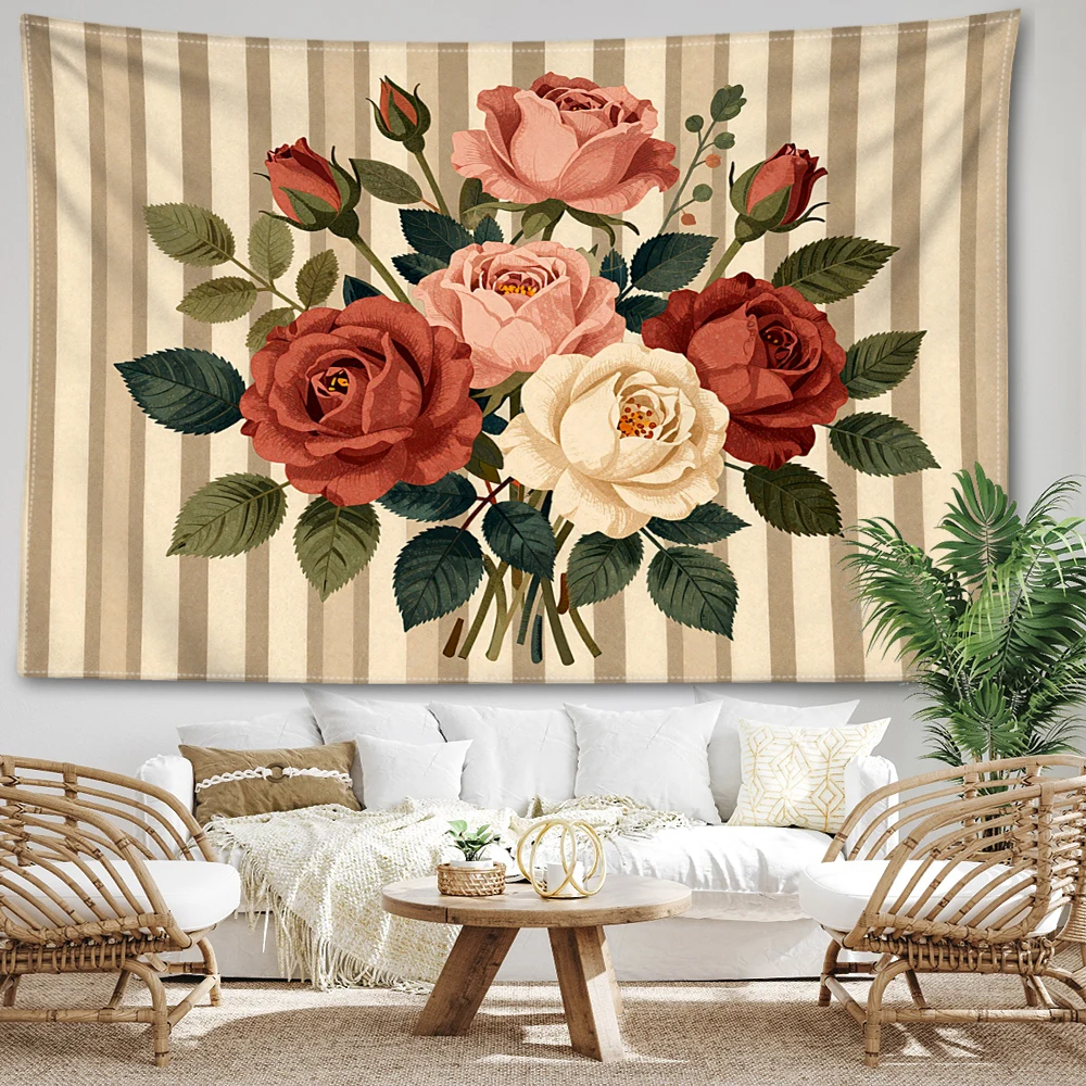 Vertical Striped Multicolor Rose Printed Tapestry Wall Hanging Bohemian Style Bedroom Home Decor