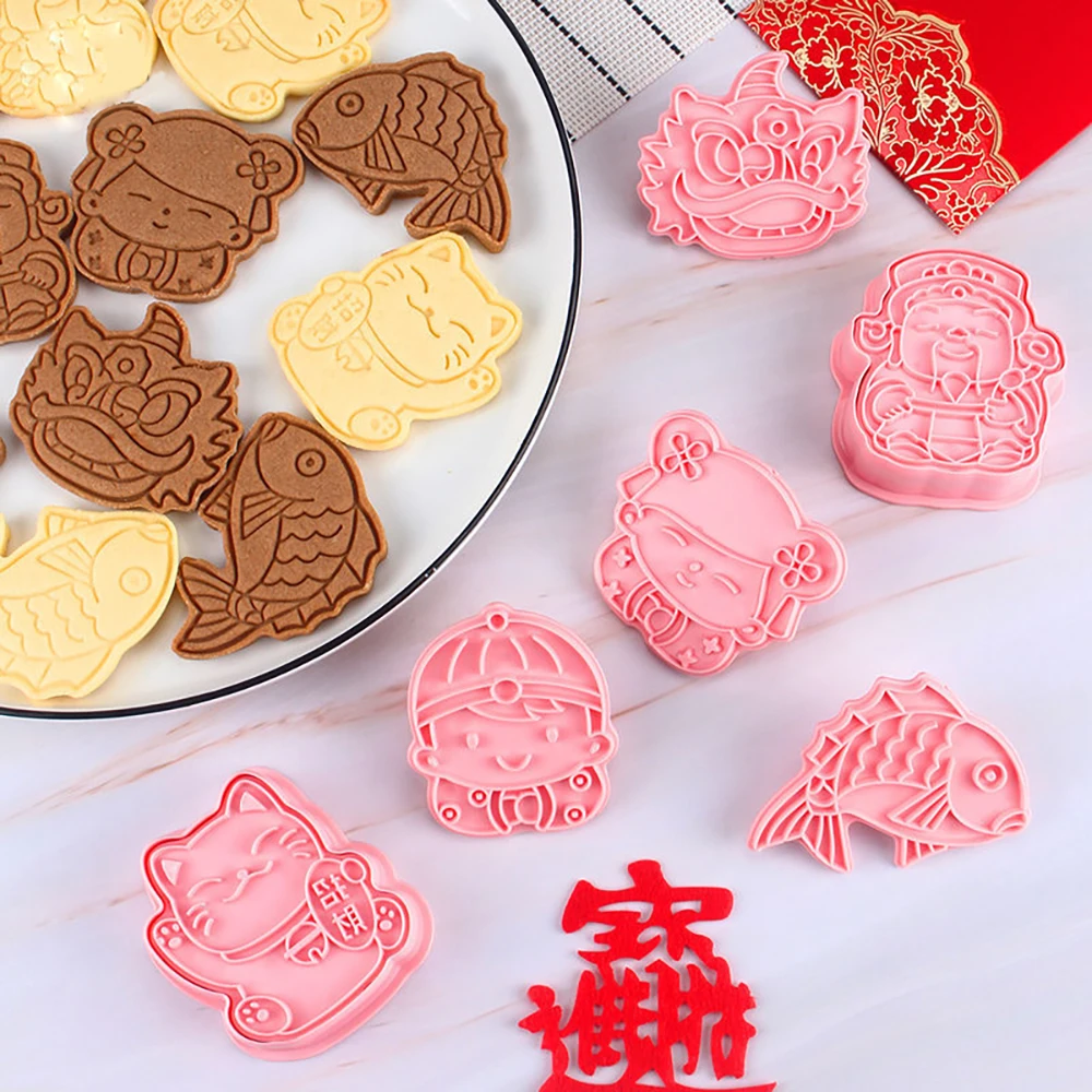 

6Pcs/set Chinese Style Cookie Cutters Plastic 3D Cartoon Pressable Biscuit Mold Fondant Cookie Stamp Kitchen Pastry Baking Tools