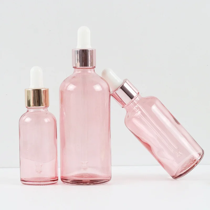 Pink Glass Dropper Bottles Translucence Essential Oil Perfume Refillable Bottles Glass Pipettes Vial 5ml 10ml 30ml 50ml 100ml