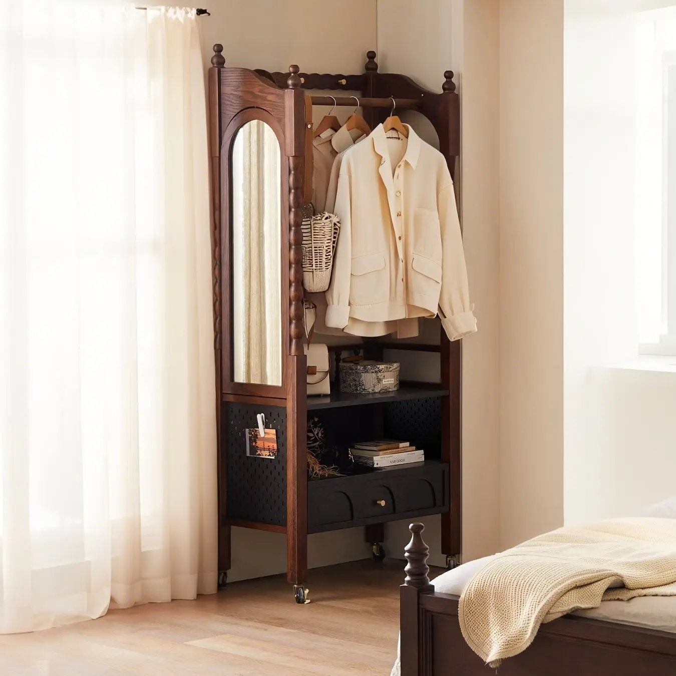 DSA retro solid wood coat rack household home integrated bedroom floor-to-ceiling hanger antique clothes rack