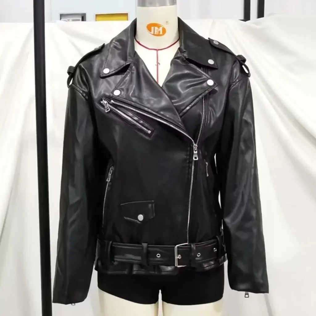 Feminino distintivo rua moda jaqueta de couro falso casaco com zíper solto terno de bicicleta outono inverno novo 22