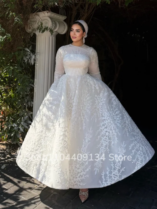 Muslim Lace Wedding Dress Long Sleeve A‑Line Ankle Length White Bridal Gown Modest Dubai Lace Appliqued Evening Dress Customized
