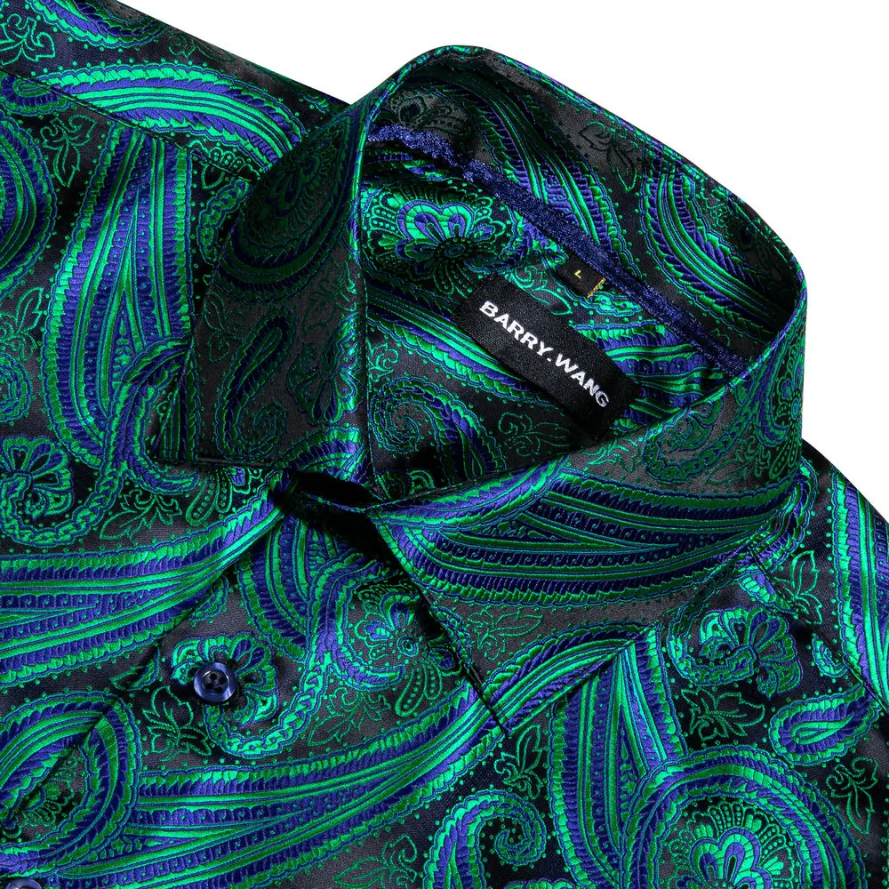 Designer Emerald Green Paisley Long Sleeve Polyester Mens Shirt Autumn Fashion Casual Jacquard Lapel Pattern Business Barry.Wang